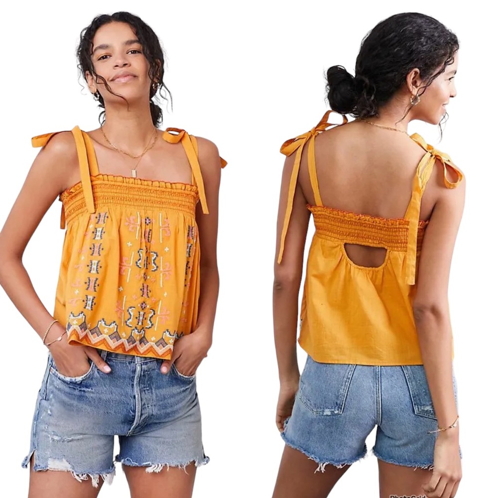Anthropologie Aliza Golden Embroidered Swing Shoulder Tie Top Medium NWT NEW